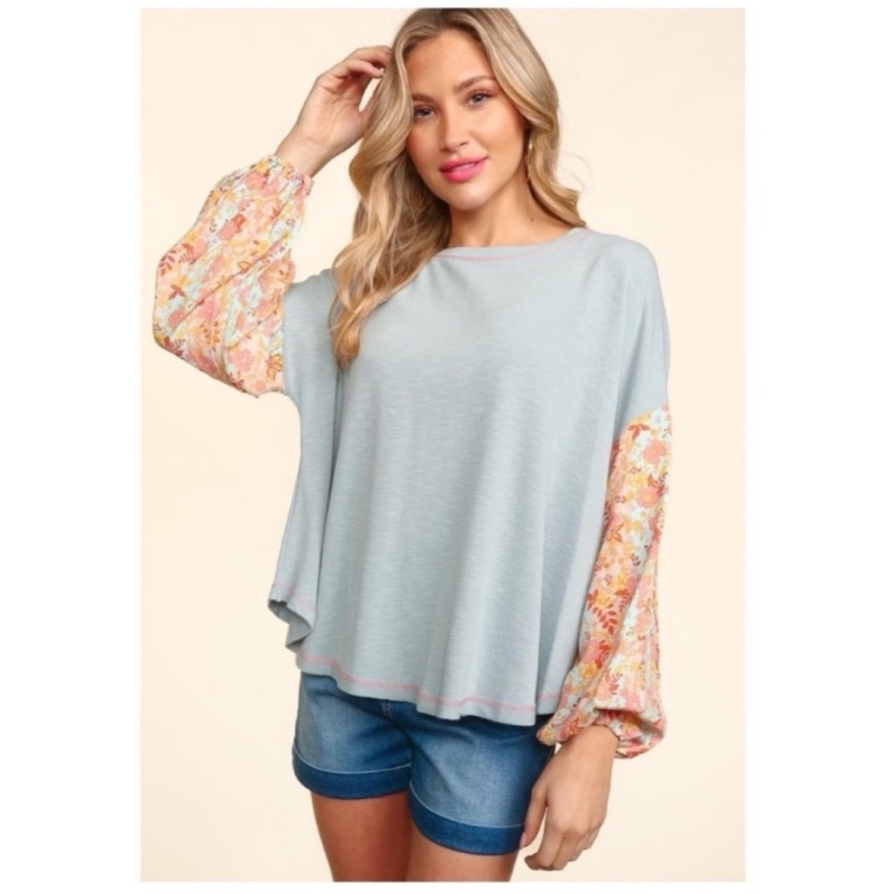 💝Boutique~💐Floral Sleeve French Terry Top💖 - Picture 3 of 5